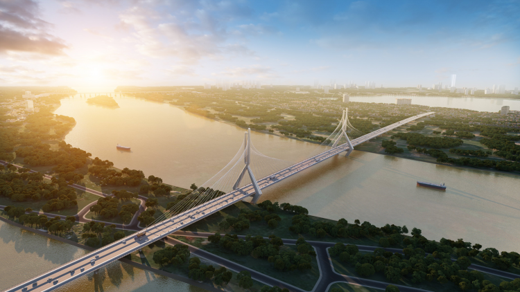 Phối cảnh cầu Tứ Liên nằm giữa cầu Nhật Tân và Long Biên, kết nối đôi bờ sông Hồng.